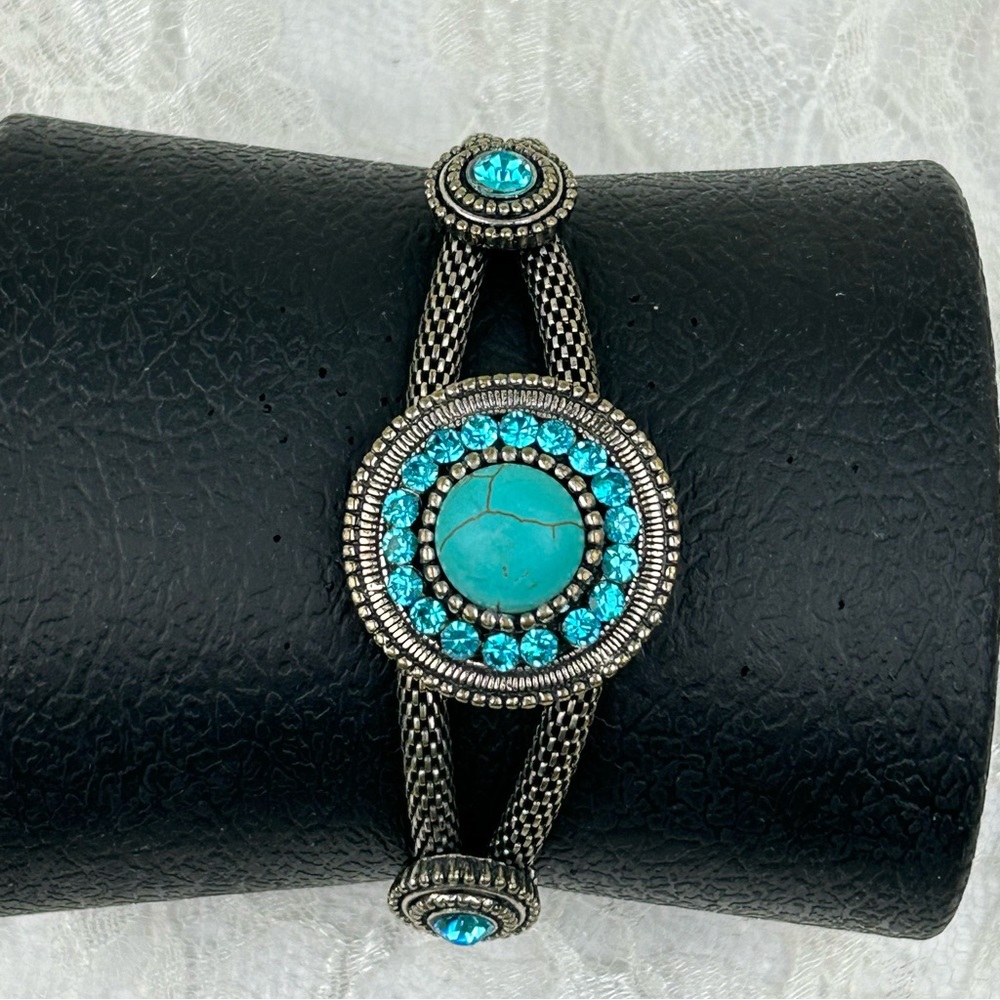 Bohemian Faux Turquoise and Crystal Coastal Boho Silver Tone Bracelet Festival